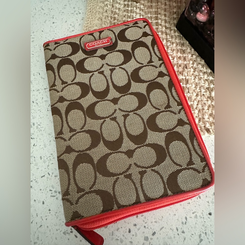 Coach Tan/Red Signature Jacquard Zip Around Tablet Case